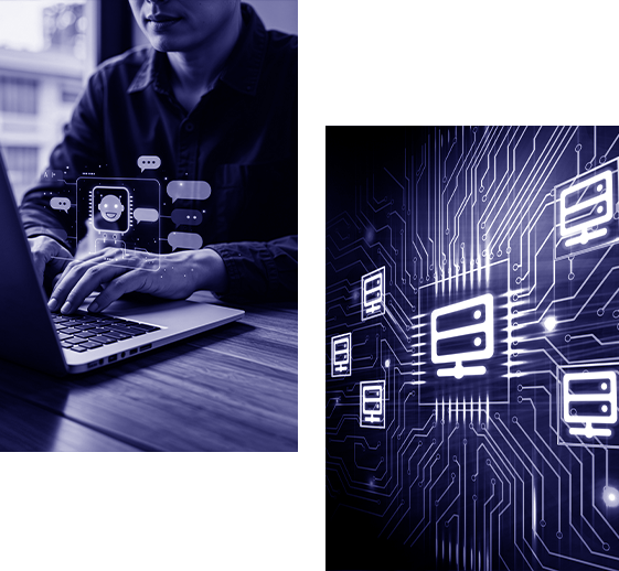 Collage of a person using a laptop with customer service chat icons and a digital circuit board with server icons on a transparent background.