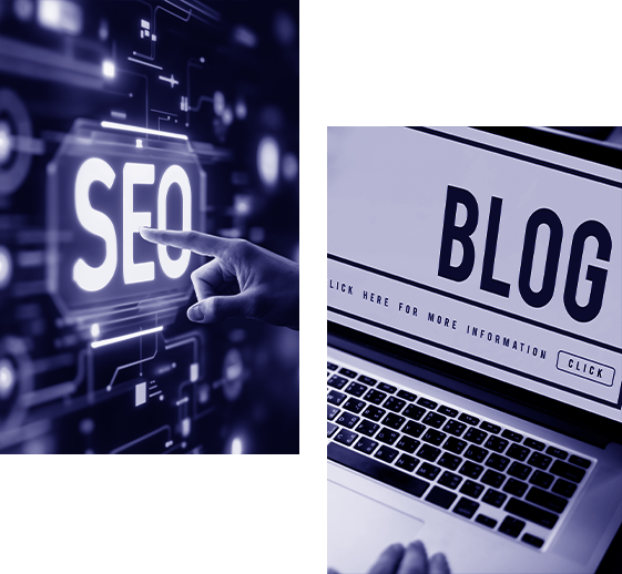 Collage of a hand touching a glowing "SEO" display and a laptop showing the word "BLOG" on a transparent background.