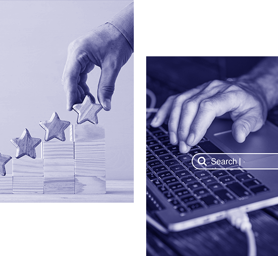 Collage of a hand stacking star rating blocks and hands typing "Search" on a laptop keyboard against a transparent background.